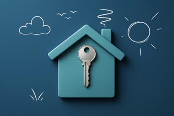 Poster - Creative house icon with key on blue background and light graphic elements symbolizing home security and ownership concept.