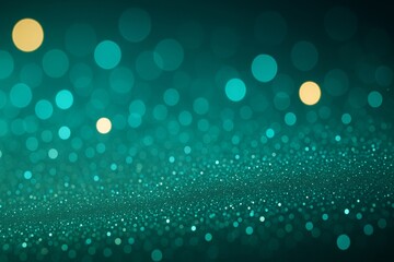 Poster - Abstract teal bokeh background with glowing light circles and sparkling surface on dark backdrop for festive or creative graphic use.
