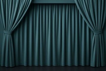 Poster - Elegant dark teal stage curtain closed with tied side drapes in soft light creating an abstract background with smooth fabric texture detail.