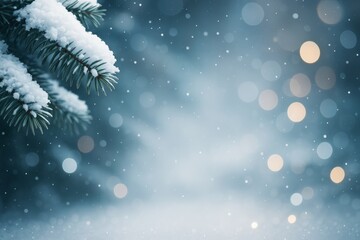 Poster - Snow-covered fir tree branch with soft glowing lights and falling snow on a blue abstract winter background. Ai generative.