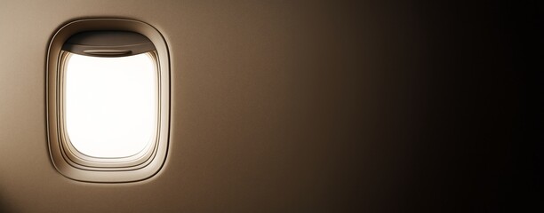 Poster - Airplane window with bright light and dark gradient background for advertising, poster, or copyspace design concept.