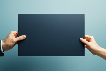 Poster - Two hands holding a blank dark paper sheet on light blue background for mockup or design template concept in clean minimal style. Ai generative.