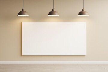 Poster - Blank white canvas on beige wall under three pendant lights in minimal room, perfect for creative poster or branding mockup concept scene.
