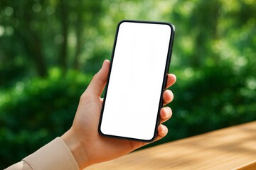 Poster - Hand holding smartphone with blank white screen outdoors on table, ideal for graphic design mockup or mobile app promotion concept background.