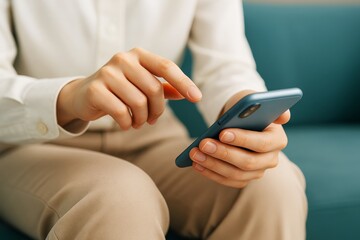 Poster - Close-up of person using smartphone with one hand while seated in relaxed pose, wearing beige pants and white shirt, on soft teal background.