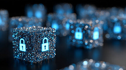 Poster - Glowing digital lock cubes representing advanced cybersecurity and data protection in modern technology networks