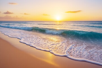 Aufkleber - Peaceful ocean waves gently washing onto sandy beach during pastel-colored sunset with golden light reflecting on water and sky horizon background.