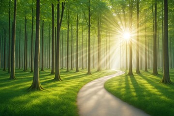 Poster - Serene forest landscape with sunbeams filtering through trees and a winding path under a lush green canopy in morning light.