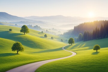 Poster - Serene sunrise over winding road through lush green hills and misty forested mountains in peaceful natural landscape background with warm light glow.