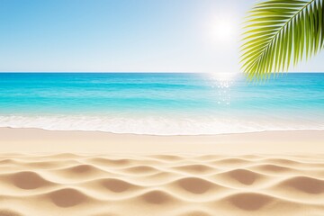 Poster - Tropical beach with golden sand, turquoise ocean, bright sunlight and green palm leaf under clear blue sky, peaceful summer nature landscape background.