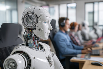 Aufkleber - A robot is sitting in front of a group of people. The robot is white and has a human-like face. The people are sitting in chairs and using laptops. Scene is serious and focused