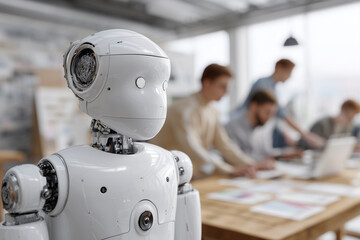 Aufkleber - A robot is standing in front of a group of people in a room. The robot is white and has a human-like face. The people in the room are working on a project, with some of them using laptops
