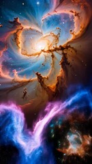 Wall Mural - Spectacular spiral nebula with swirling cosmic dust and glowing gas clouds in vibrant shades of orange, blue, pink, and purple