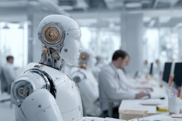 Aufkleber - A robot is sitting at a desk with a group of people. The robot is white and has a head with a face. The people are working on computers and the robot is looking at them. Scene is somewhat eerie