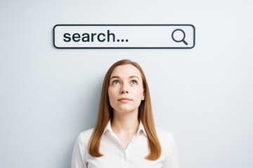 Aufkleber - Woman looking up at search bar icon over head on light background, concept of online search and internet queries, minimal and modern style.