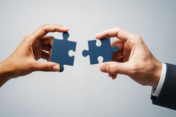 Poster - Two people holding matching puzzle pieces to connect them, symbolizing teamwork, cooperation, or partnership on a light background.