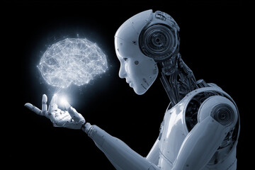 Aufkleber - A robot is holding a brain in its hand. The robot is made of metal and has a human-like appearance. The brain is glowing and he is a symbol of intelligence