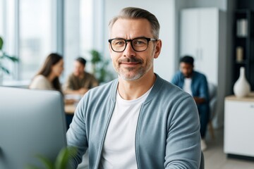 Aufkleber - Confident mature man in glasses smiling at camera in modern office with creative team working in blurred background, natural light setting.