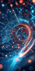 Aufkleber - Abstract Data Stream Tunnel with Blue and Orange Glowing Particles and Lines