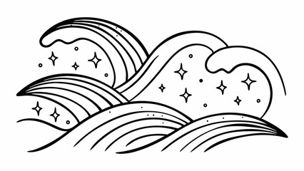 Poster - Stylized black and white waves with stars and dots in a simple line art illustration style image created with generated ai