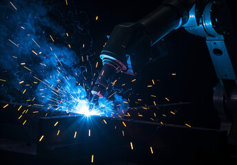 Poster - robotic welders in production . Generative AI