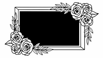 Poster - Rectangular frame decorated with roses and leaves in black and white line art style illustration created with generated ai
