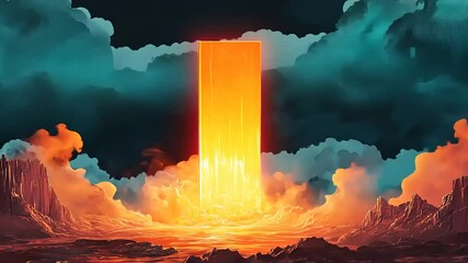 Wall Mural - A vibrant, glowing monolith rises against a dramatic sky filled with clouds and fiery colors
