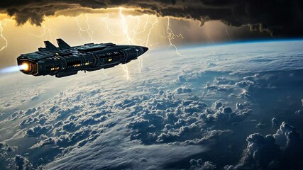 Poster - Spaceship navigating through lightning storm over Earth at the edge of the atmosphere, Spaceship Orbiting Earth In Lightning Storm