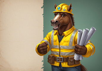 Poster - a horse in a builder's suit with blueprints stands next to an empty banner, space for text or advertising . Generative AI