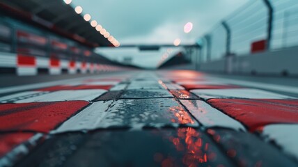 Wall Mural - this detailed close-up captures the finish line at silverstone circuit, highlighting the wet asphalt