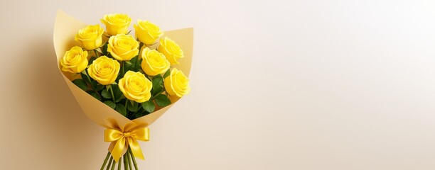 Poster - Yellow rose bouquet with golden ribbon on soft beige background with empty copy space for promotional banner or postcard template concept design.