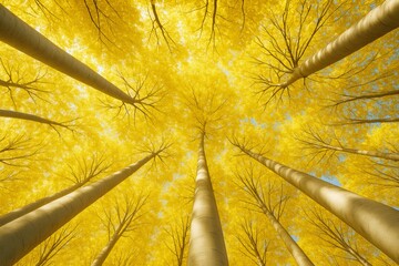 Poster - Tall trees with bright yellow foliage viewed from below against a clear sky in a surreal forest background with dramatic light and perspective.