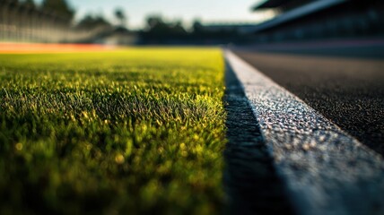 Wall Mural - this close-up shot captures an empty f1 track's asphalt, showcasing the vibrant green grass at the e