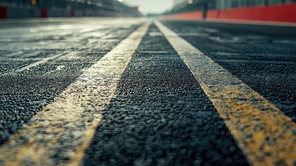 Wall Mural - a close-up view of an empty f1 track highlighting the wet asphalt and yellow lines, capturing the es