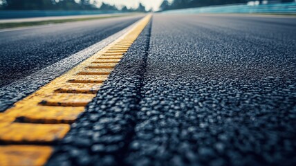 Wall Mural - a close-up view of an empty f1 track, showcasing the smooth asphalt surface and yellow markings. the