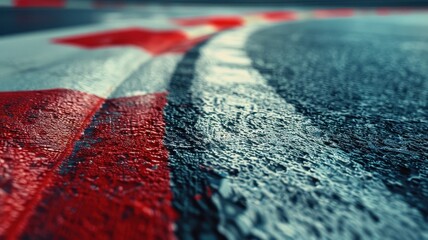 Wall Mural - a detailed close-up view of the apex of an empty f1 track, showcasing vibrant red markings on the te