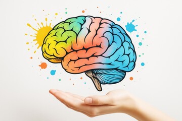 Poster - Vibrant brain illustration floating above a hand with colorful splashes symbolizing creativity and science on a white background. Ai generative.