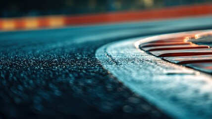 Wall Mural - close-up view of an empty f1 track highlighting the kerb detail. the wet asphalt glistens under the 
