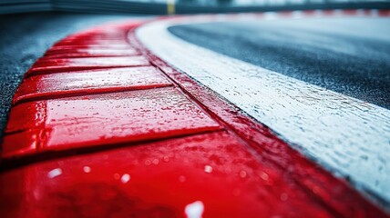 Wall Mural - a close-up view of an empty formula 1 track, emphasizing the vibrant red barriers and wet asphalt. t