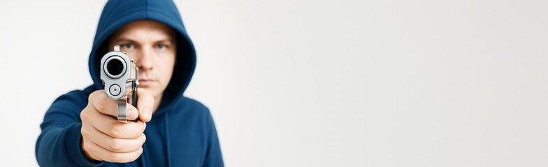 Poster - Man in hoodie pointing handgun directly at camera with copy space on white background for awareness, safety, or crime prevention concept.