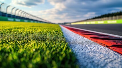 Wall Mural - a close-up view of an empty f1 track edge features vibrant grass and clear skies. the sharp lines an