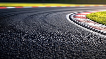 Wall Mural - a close-up view of an empty f1 track, showcasing the smooth asphalt curves and tire marks, surrounde