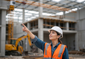 Poster -  a builder points to the side against the backdrop of a construction site. Generative AI