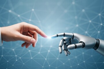 Aufkleber - Human hand touching robotic hand pointing with light on futuristic digital background symbolizing connection between humanity and technology.