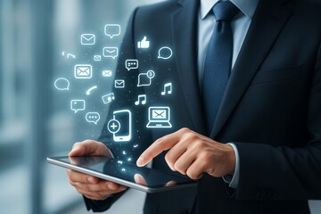 Poster - Businessman using digital tablet with glowing icons of communication, media and technology apps on abstract light background. Ai generative.