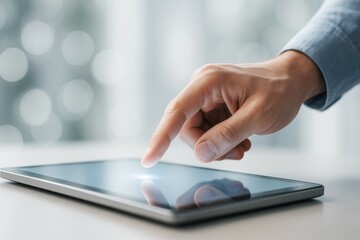 Poster - Man using digital tablet with finger touch on screen in bright office setting, symbolizing modern technology and interactive communication..