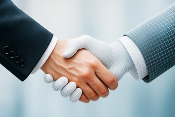 Aufkleber - Human and robot handshake symbolizing collaboration between artificial intelligence and business professionals in a technology-driven environment.