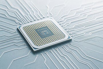Aufkleber - Central processor chip on circuit board with abstract electronic lines and soft light background representing futuristic tech concept..