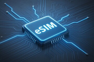 Aufkleber - Close-up of glowing eSIM microchip on dark circuit board background with neon blue light, symbolizing digital connectivity and modern technology.