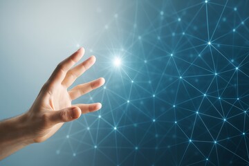 Poster - Human hand reaching toward glowing point amid digital blue network mesh on gradient background symbolizing connection and futuristic technology concept.